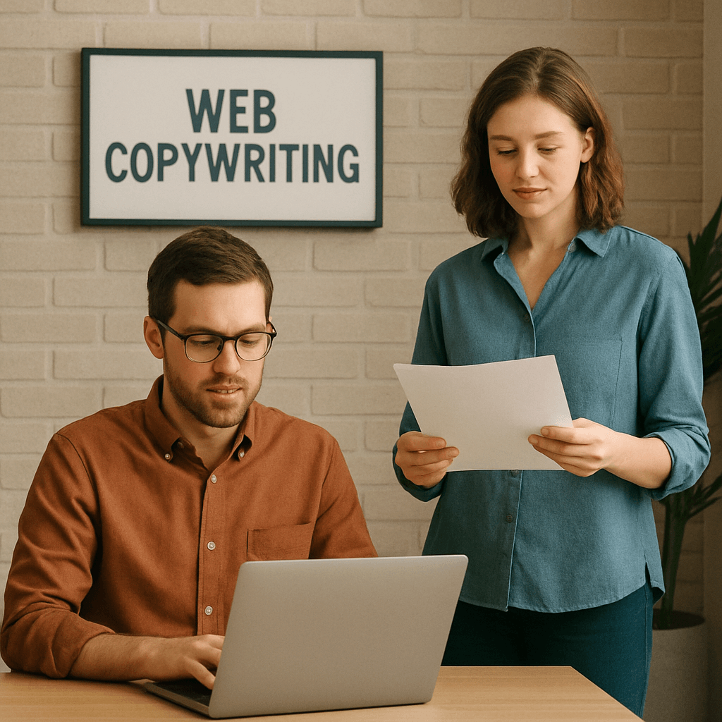 Man on laptop, woman reading papers, both so at peace it’s almost suspicious. Bonus decor: a sign that reads “web copywriting”—productive vibes only.