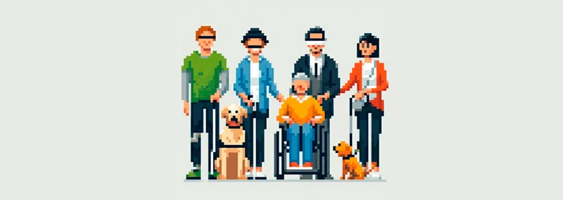 Pixel art showing a diverse group of people with different abilities and bodies.
