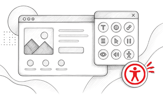 Black and white sketch art showing a website with an accessibility panel open on the right and a red accessibility widget icon.