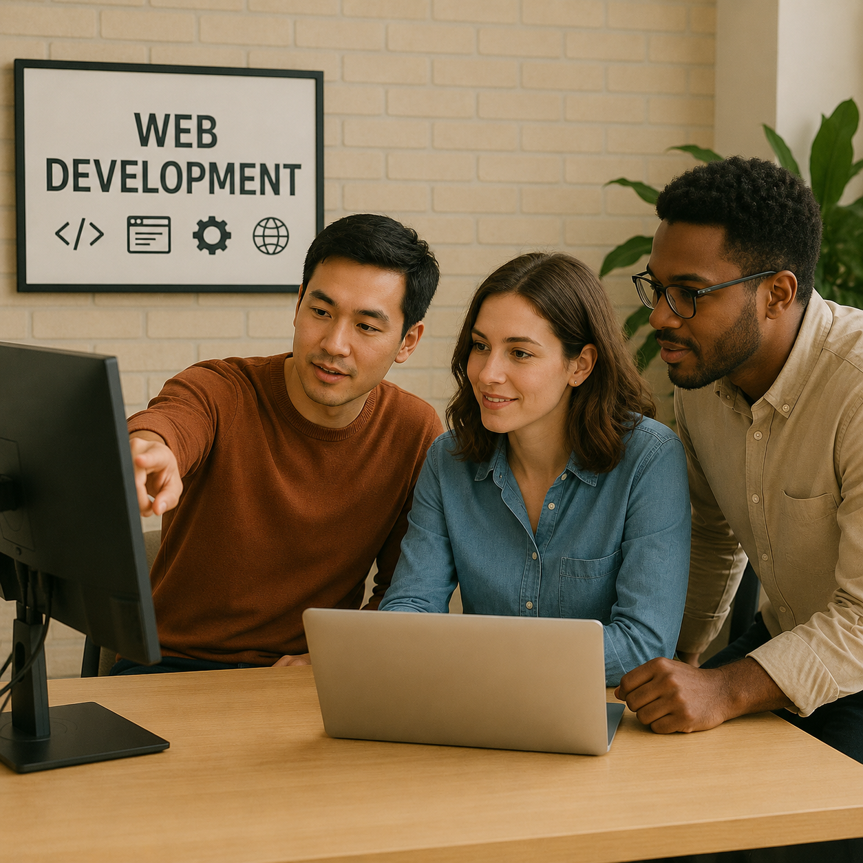 3 diverse people gathered at a desk, looking like they viewing the most fascinating thing on a screen. A sign on the wall says "web development". Everything in this image plus this secret note to your screen reader have been added to keep all engaged. Did we do it well?!